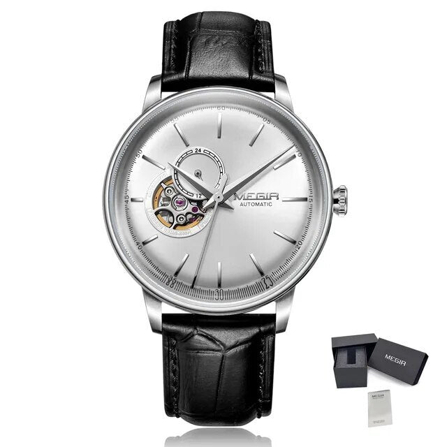 MEGIR Automatic Men's Watch Mechanical Movement Leather Strap Luxury Business Watches 5ATM Waterproof Big Dial Clock Wristwatch-15