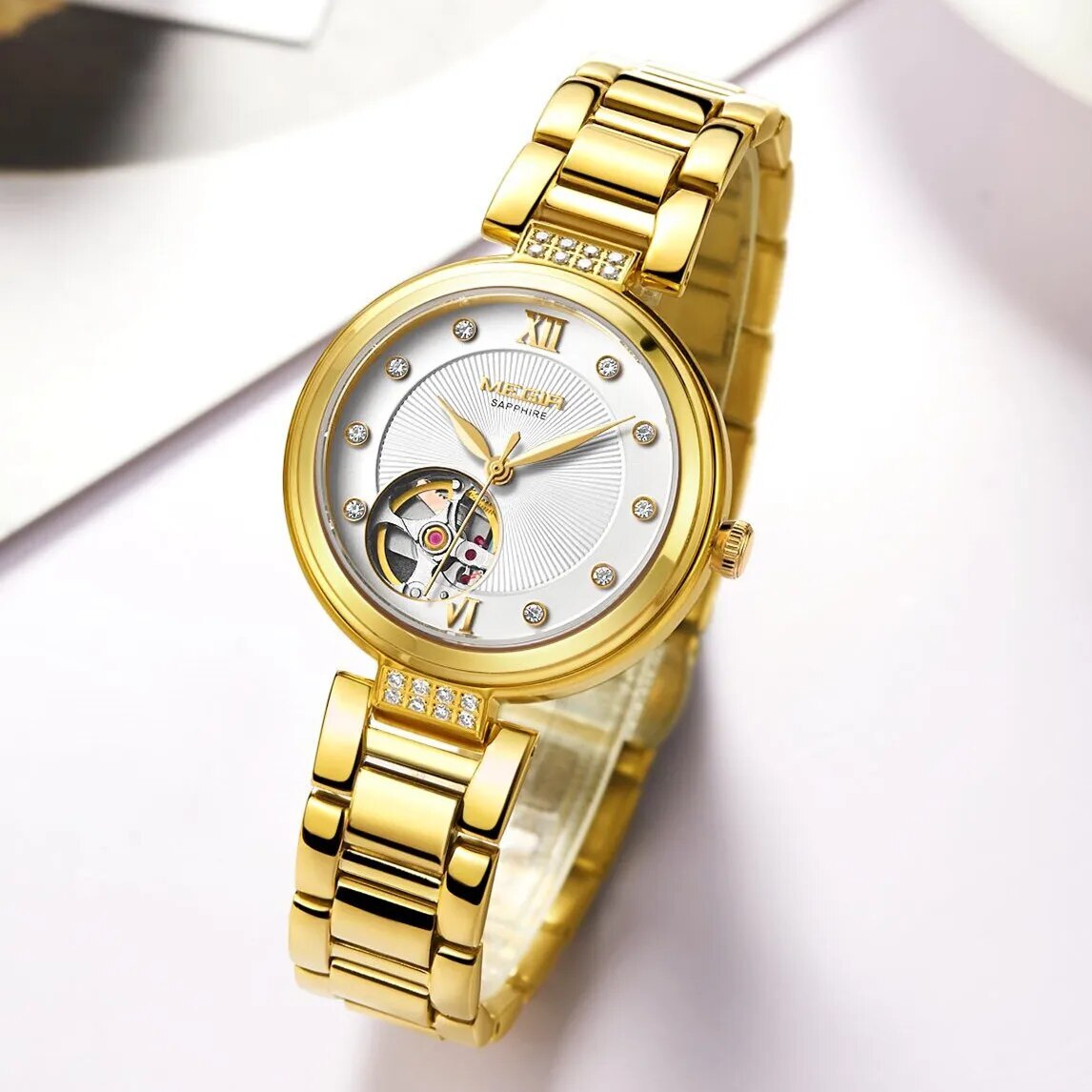 MEGIR Luxury Stainless Steel Gold Women Bracelet Watch Large Dial Automatic Mechanical Wrist Watches Ladies Business Watch Clock-3