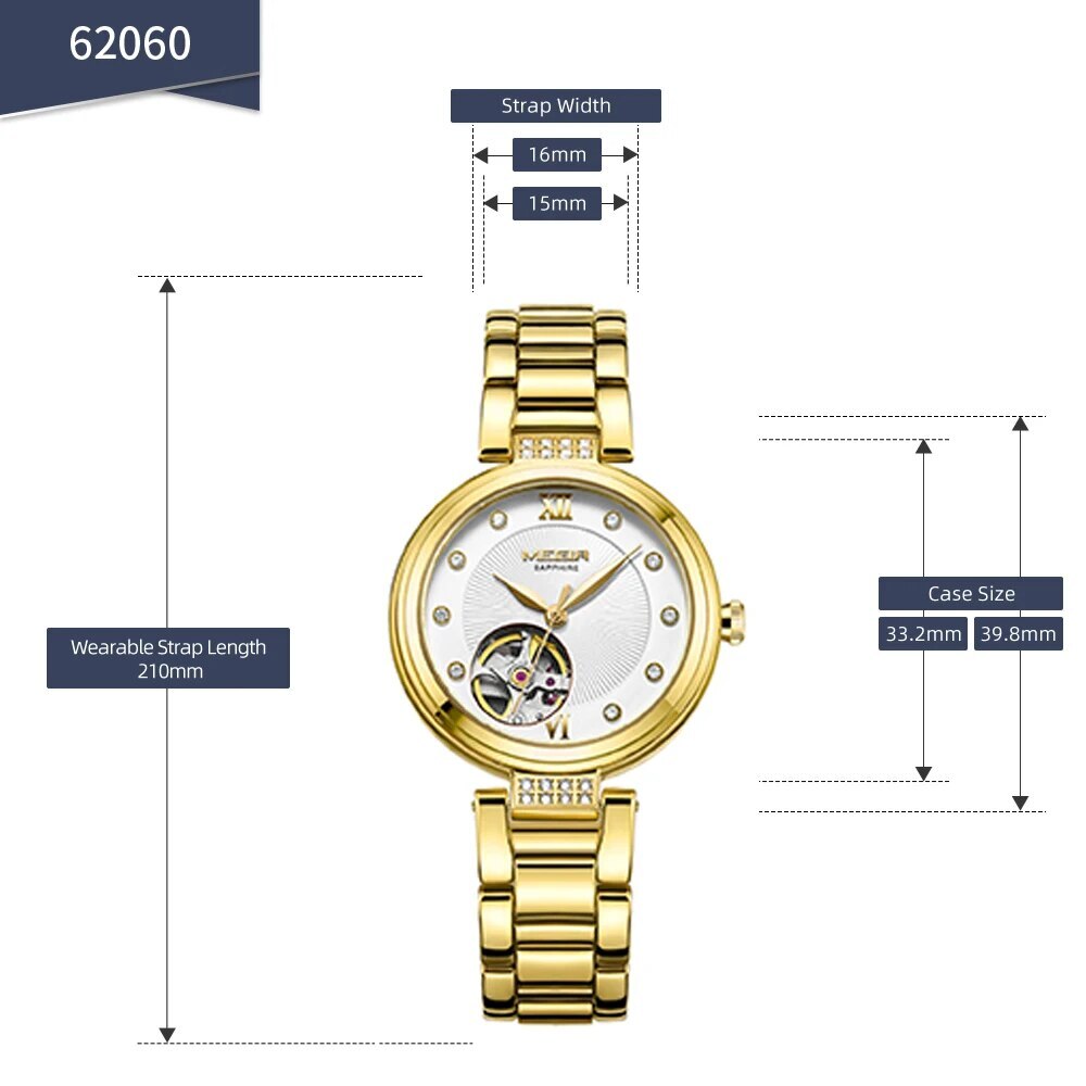 MEGIR Luxury Stainless Steel Gold Women Bracelet Watch Large Dial Automatic Mechanical Wrist Watches Ladies Business Watch Clock-7