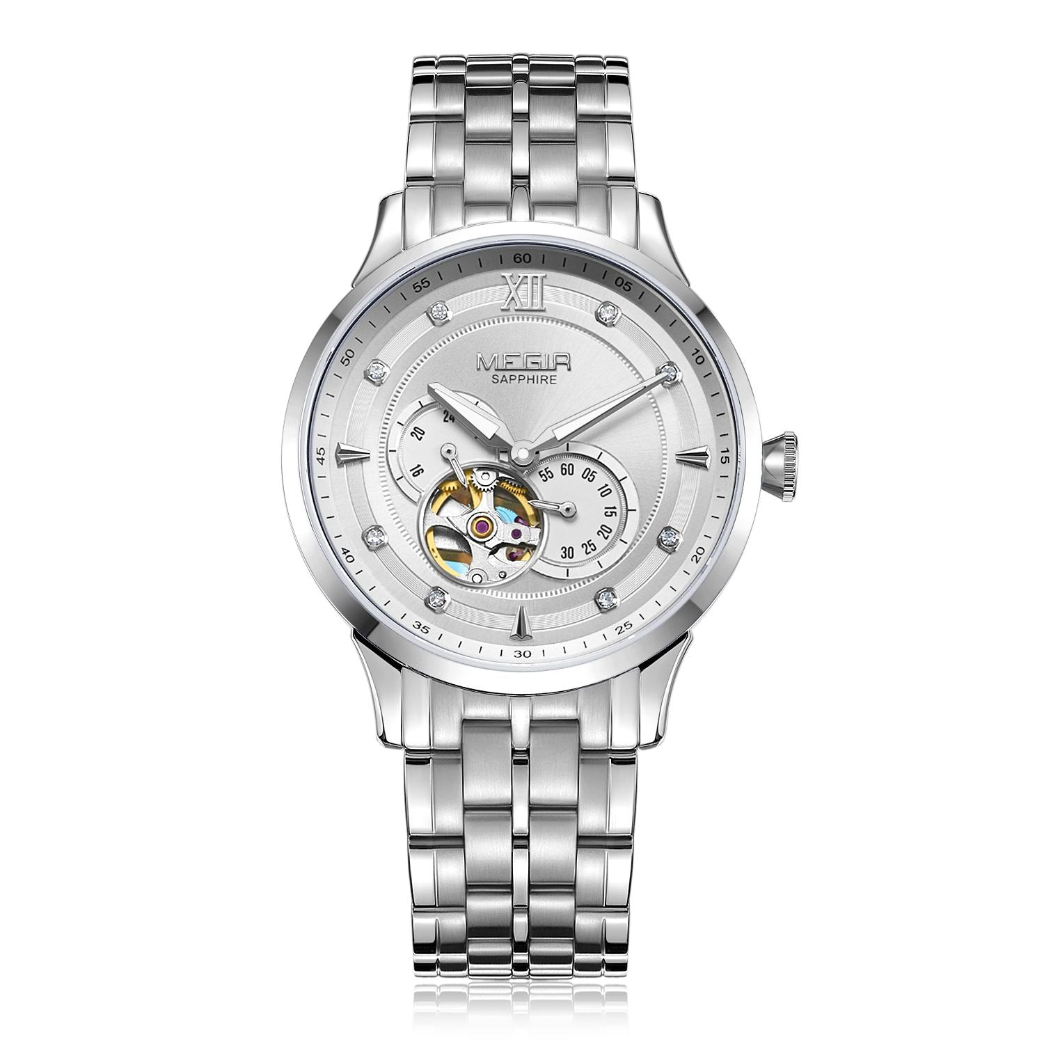 MEGIR Luxury Men Watches Stainless Steel Automatic Mechanical Watch Sapphire Steel Case Business WristWatch Montre Homme-9